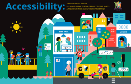  [flyer] Captura de pantalla que presenta una ciudad accesible e inclusiva, con un equilibrio de género, edad, etnia y discapacidad.